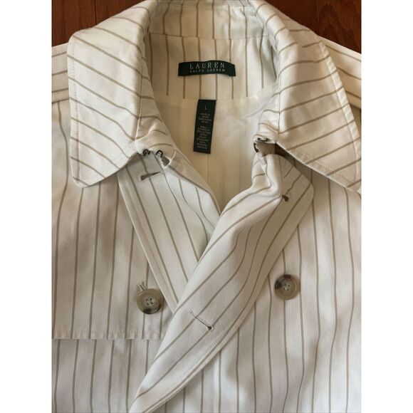 Ralph‎ Lauren Women's Ivory And Khaki Pinstripe Trench Coat And Dress Size L - Picture 8 of 13